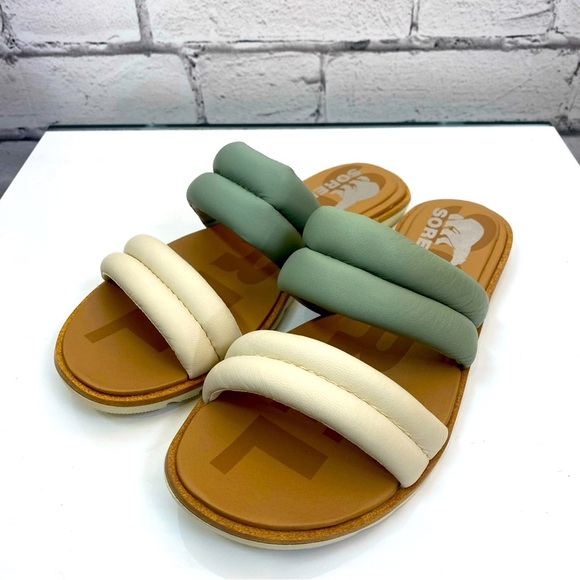 Sorel Ella II Puffer Slide Sandals Black Flat Sole Leather Cream & Green Size 6 - Picture 1 of 11
